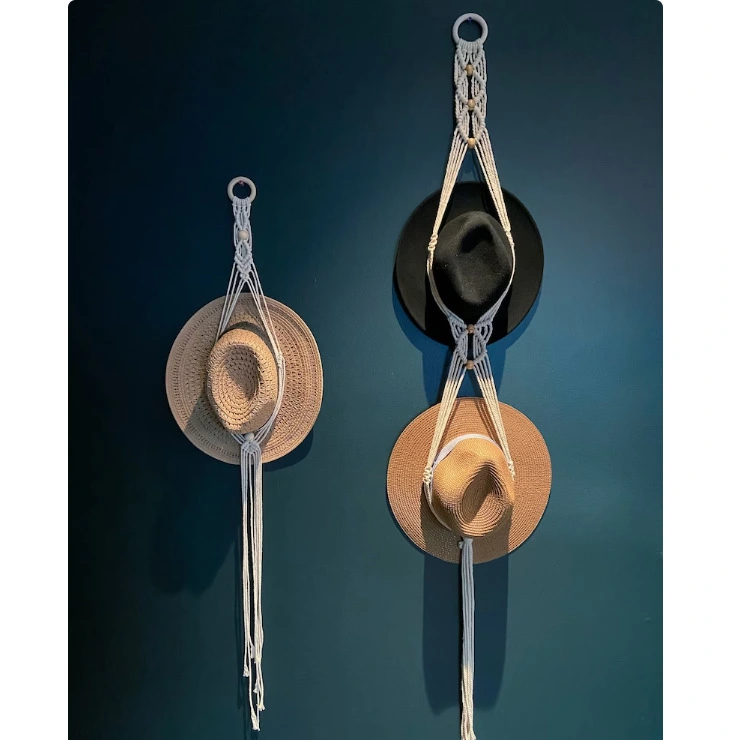 Hat Rack Handwoven Cotton Rope Multi-Tier Wall-Mounted Hat Holder With Tassel Decorations