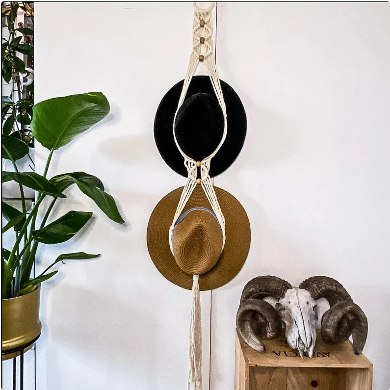 Hat Rack Handwoven Cotton Rope Multi-Tier Wall-Mounted Hat Holder With Tassel Decorations