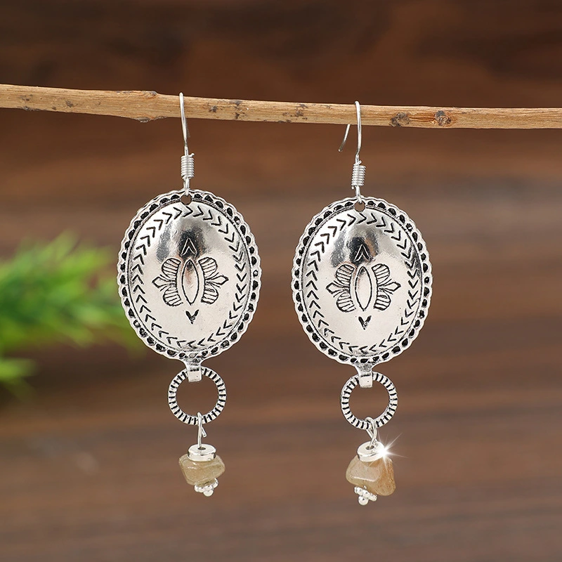 Bohemian Retro Style Round Carved Flower Earrings