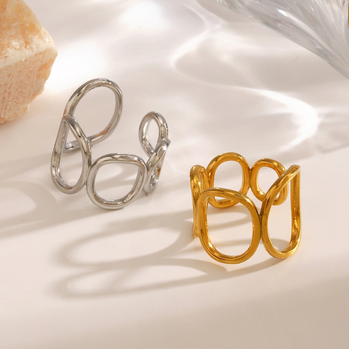 Stainless Steel Geometric Oval Ring Bold And Exaggerated Hollow Design For Women