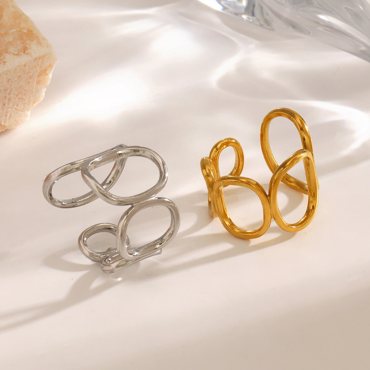 Stainless Steel Geometric Oval Ring Bold And Exaggerated Hollow Design For Women