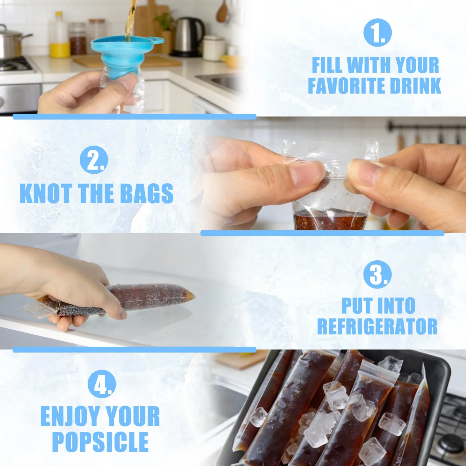 Betus Ice Pop Bags 100 Pack with Funnel, 1.8 x 8.7 Inch Disposable Popsicle Bags, Leak Proof Freeze Pop Bags for Juice, Smoothies, Soda, Yogurt and DIY Homemade Ice Pops