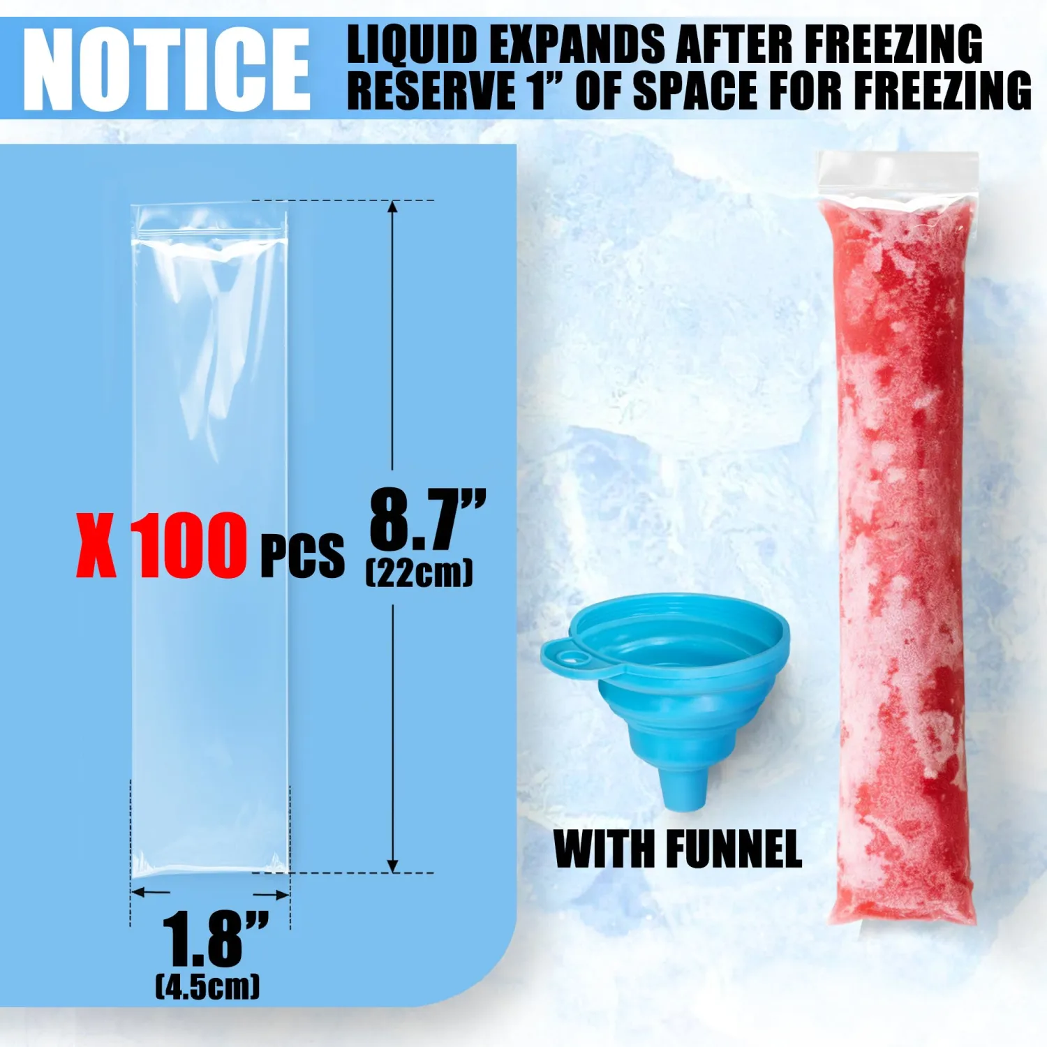 Betus Ice Pop Bags 100 Pack with Funnel, 1.8 x 8.7 Inch Disposable Popsicle Bags, Leak Proof Freeze Pop Bags for Juice, Smoothies, Soda, Yogurt and DIY Homemade Ice Pops
