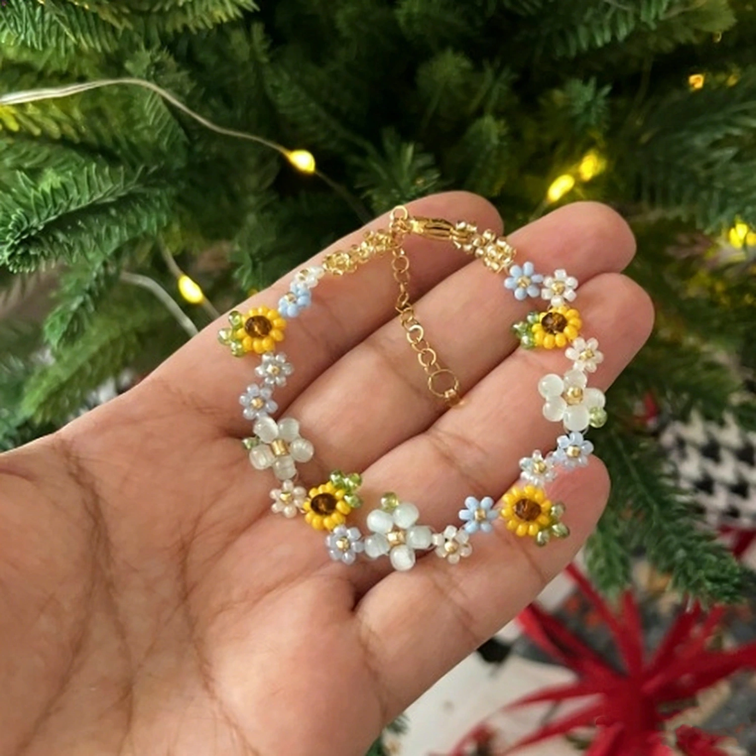 Handmade Crystal Beaded Flower Bracelet For Women