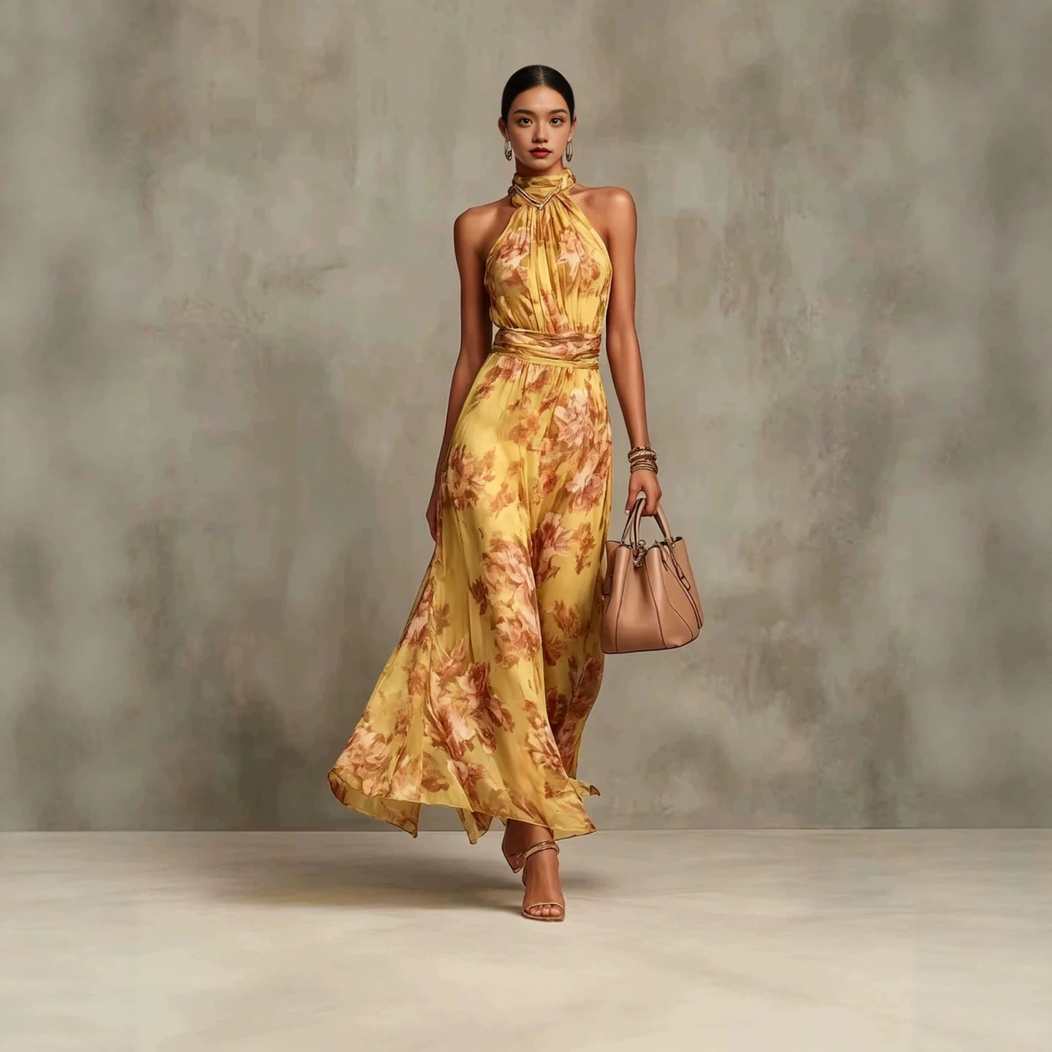 Neck-hanging Printed Chiffon Maxi Dress