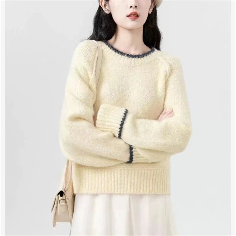Women's Round Neck Color Block Pullover Knit Sweater