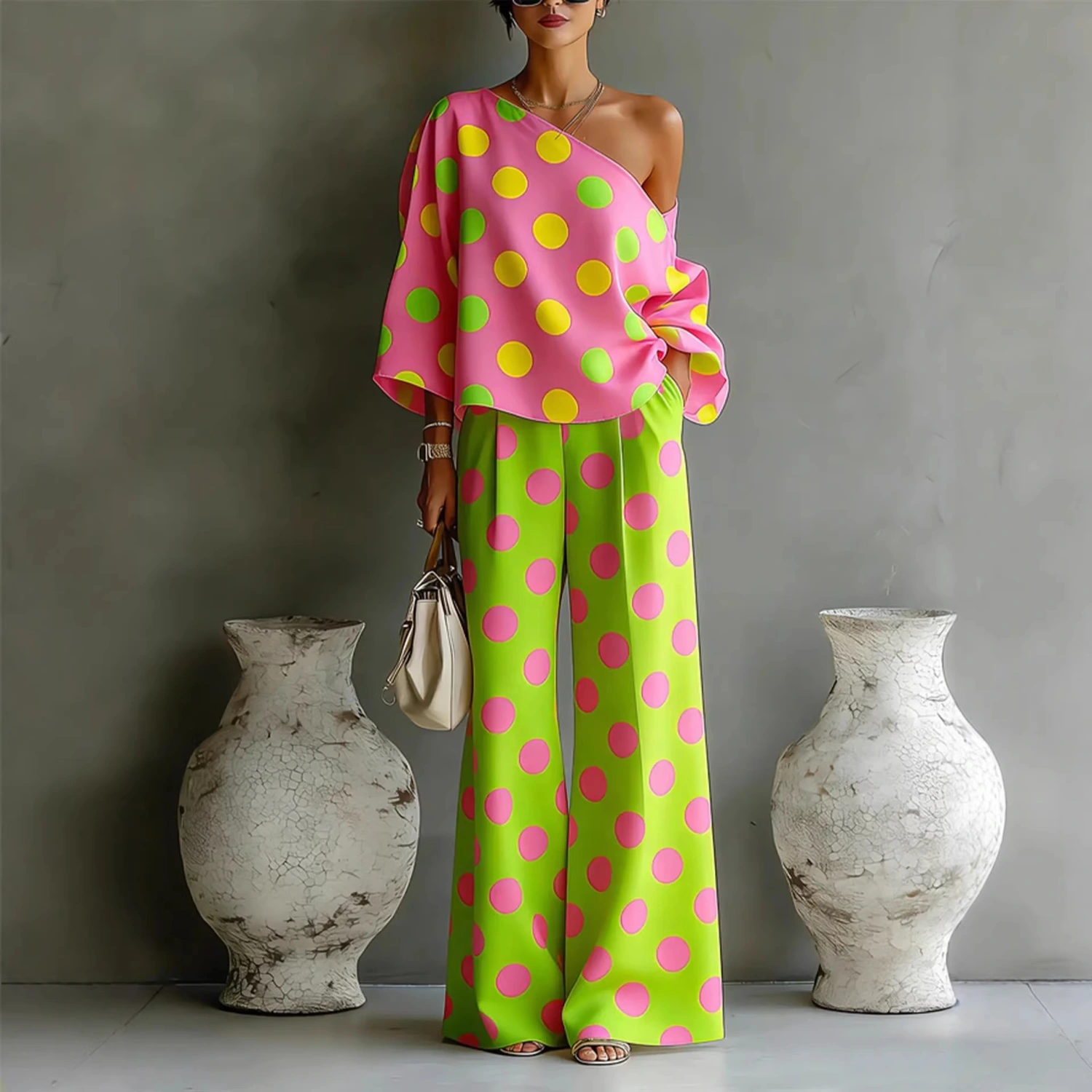 Womens Colorful Polka-Dot Off-Shoulder Flowy Two-Piece Pants Set