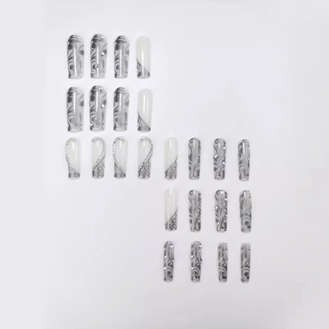 Diamond Long Square Black French Manicure Three-dimensional Love Diamond In The Debris Wear Nail