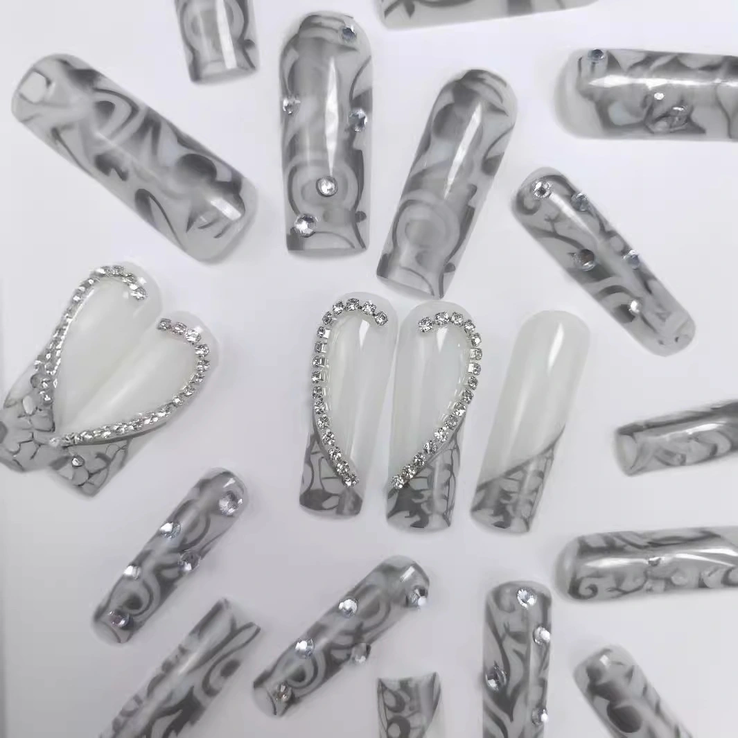 Diamond Long Square Black French Manicure Three-dimensional Love Diamond In The Debris Wear Nail