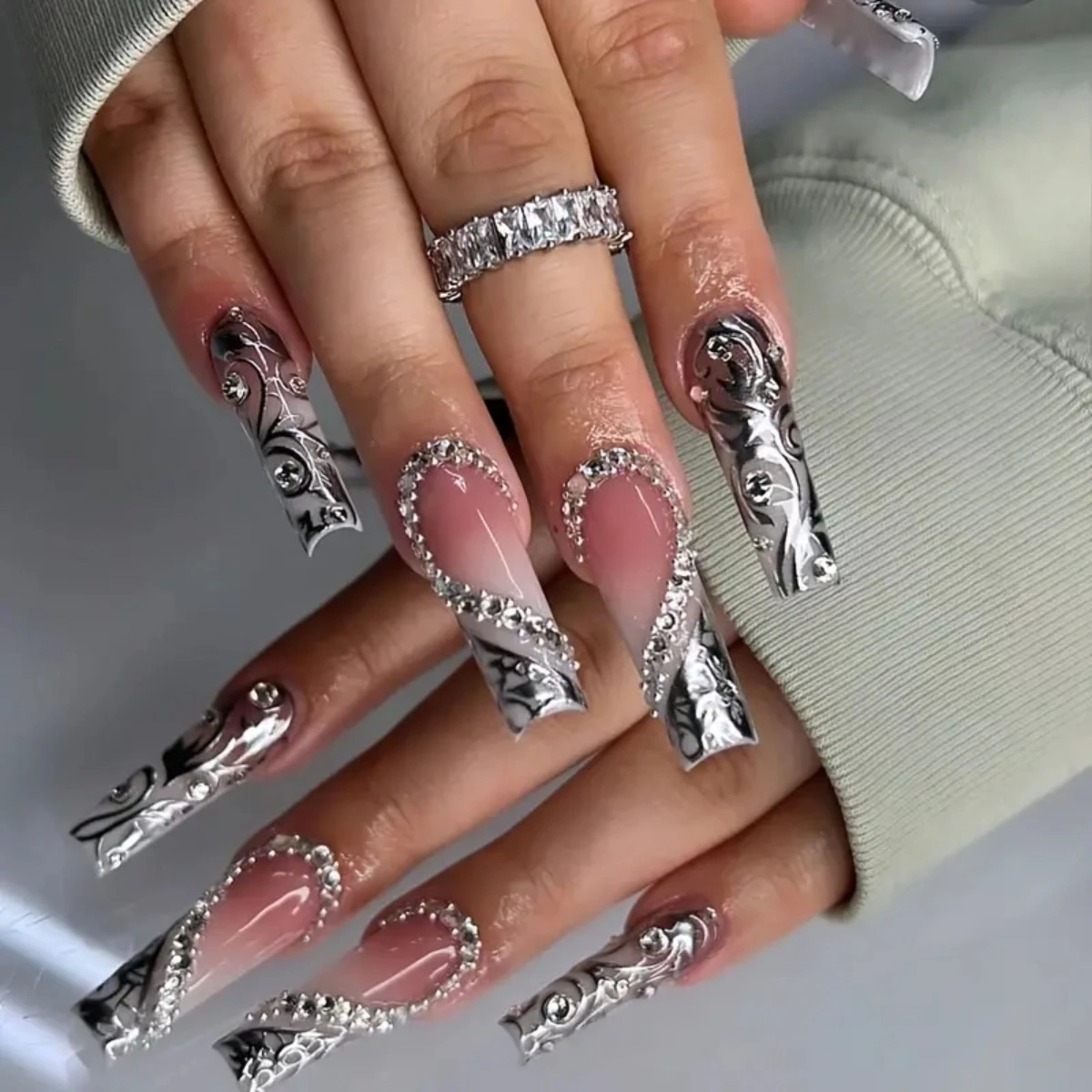 Diamond Long Square Black French Manicure Three-dimensional Love Diamond In The Debris Wear Nail