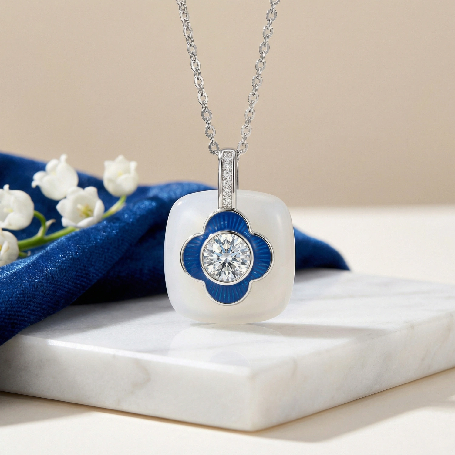 925 Sterling Silver Elegant Blue Clover CZ Pendant Necklace with White Cushion Ceramic 