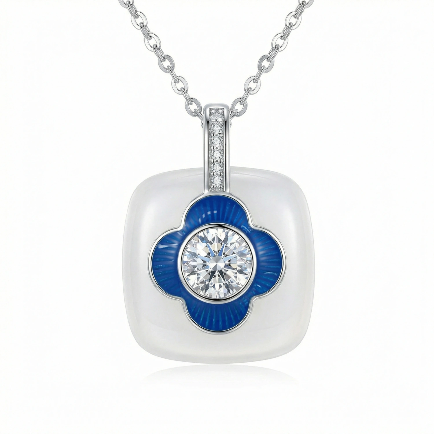 925 Sterling Silver Elegant Blue Clover CZ Pendant Necklace with White Cushion Ceramic 