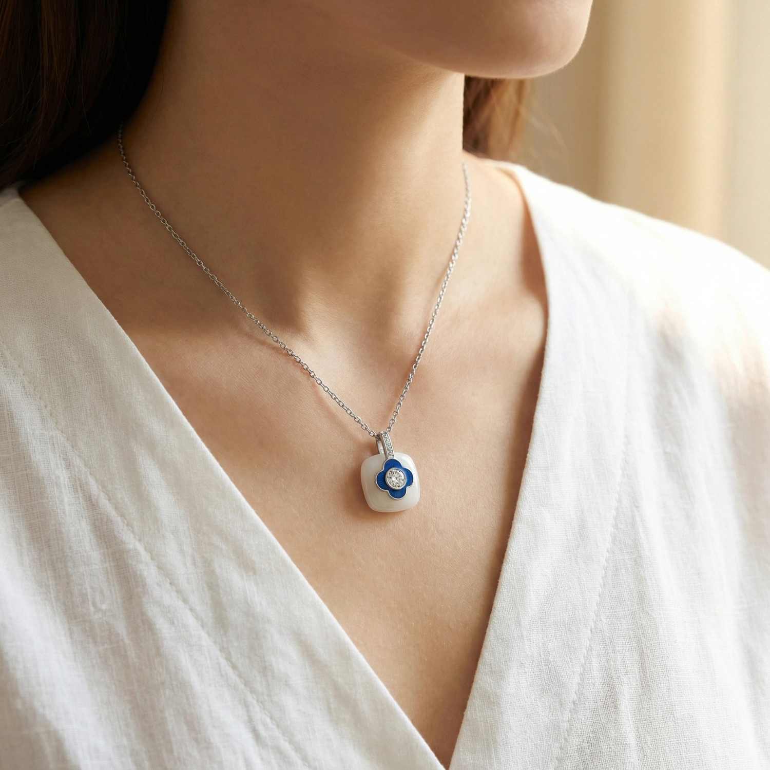 925 Sterling Silver Elegant Blue Clover CZ Pendant Necklace with White Cushion Ceramic 