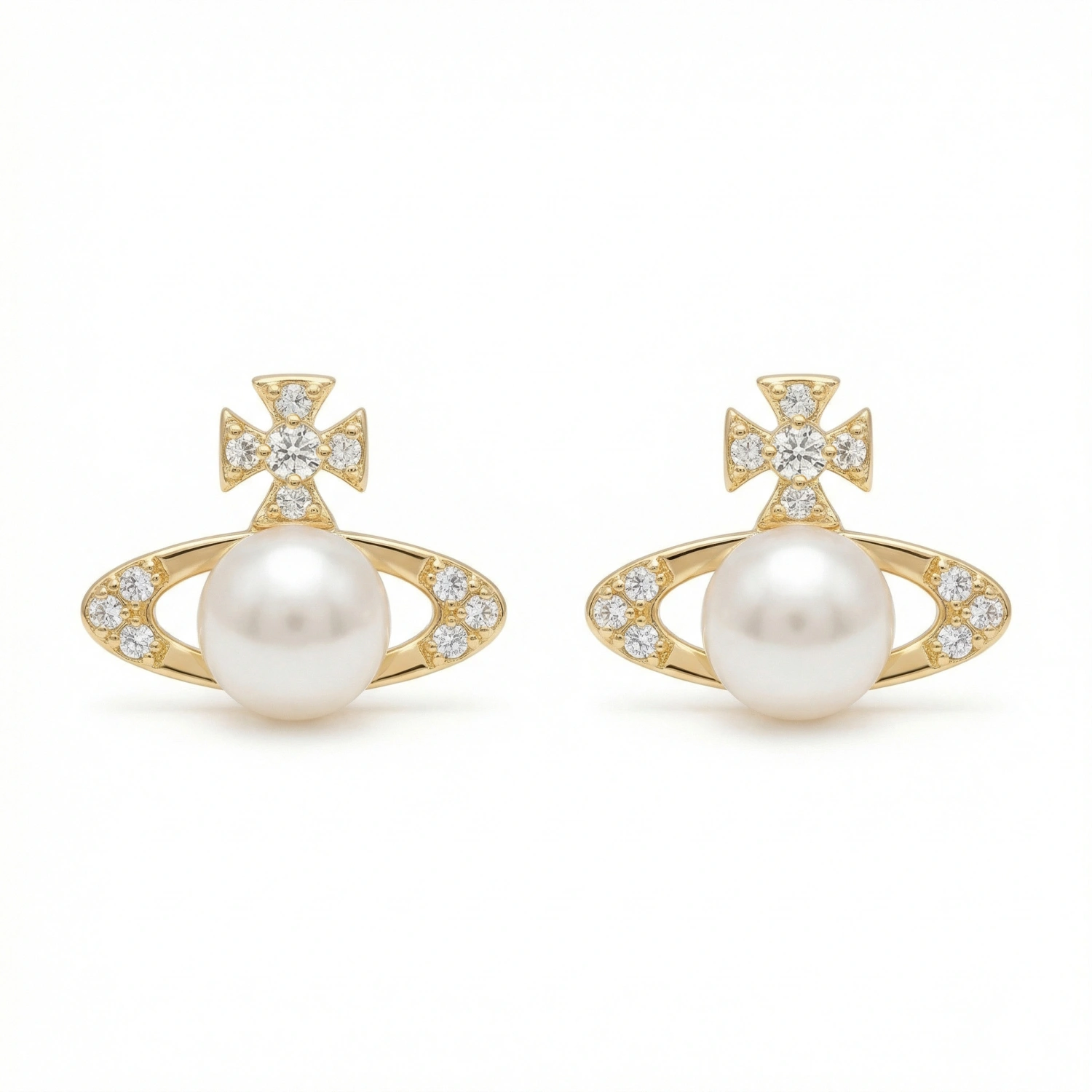 925 Sterling Silver Elegant Orb Pearl Stud Earrings with Sparkling Crystal Accents 