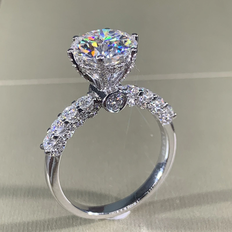 High-end Six-Prong Moissanite Ring For Women, White Gold Plated Full Paved Moissanite Ring, Proposal Engagement Finger Ring