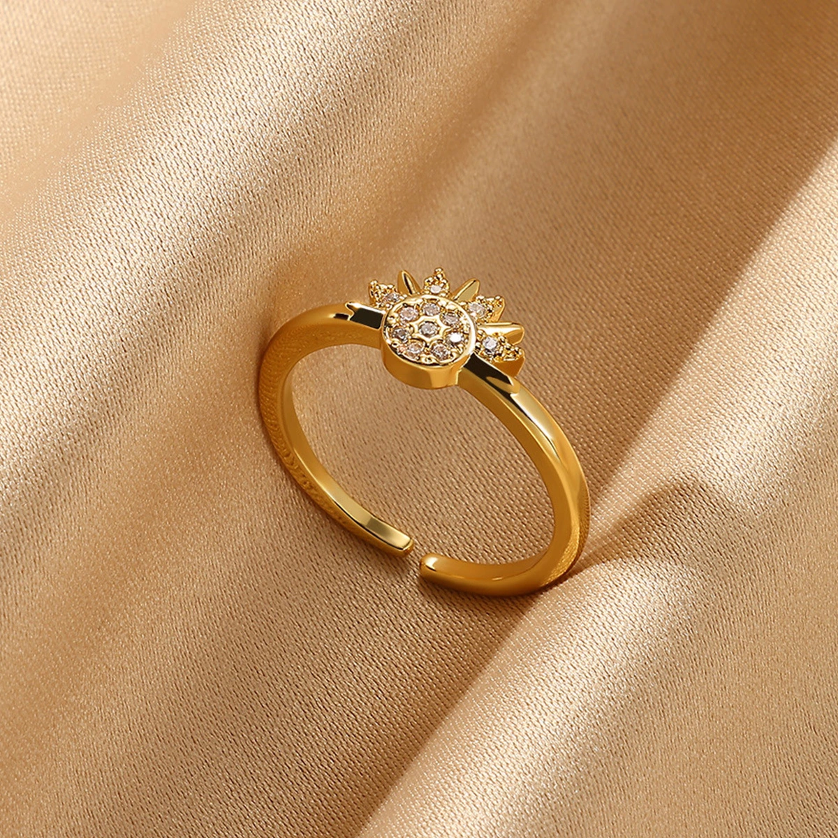 Copper Plated 18K Gold Color Zircon Ring, Luxury Minimalist INS Style Leaf Band Jewelry For Women