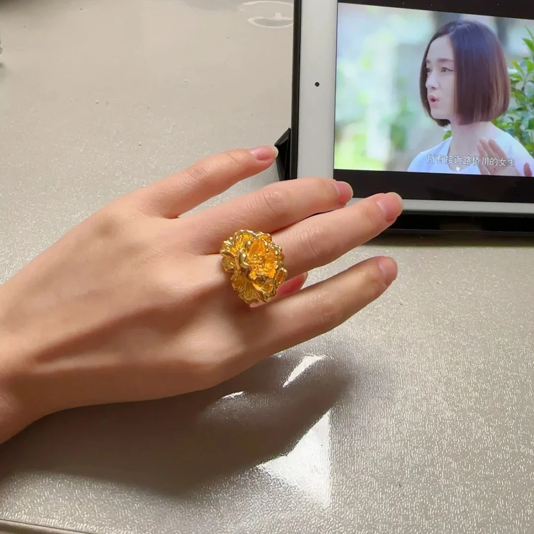 New Chinese Style Peony Gold Ring For Women, Retro National Style Luxury High-end Large Flower Finger Ring