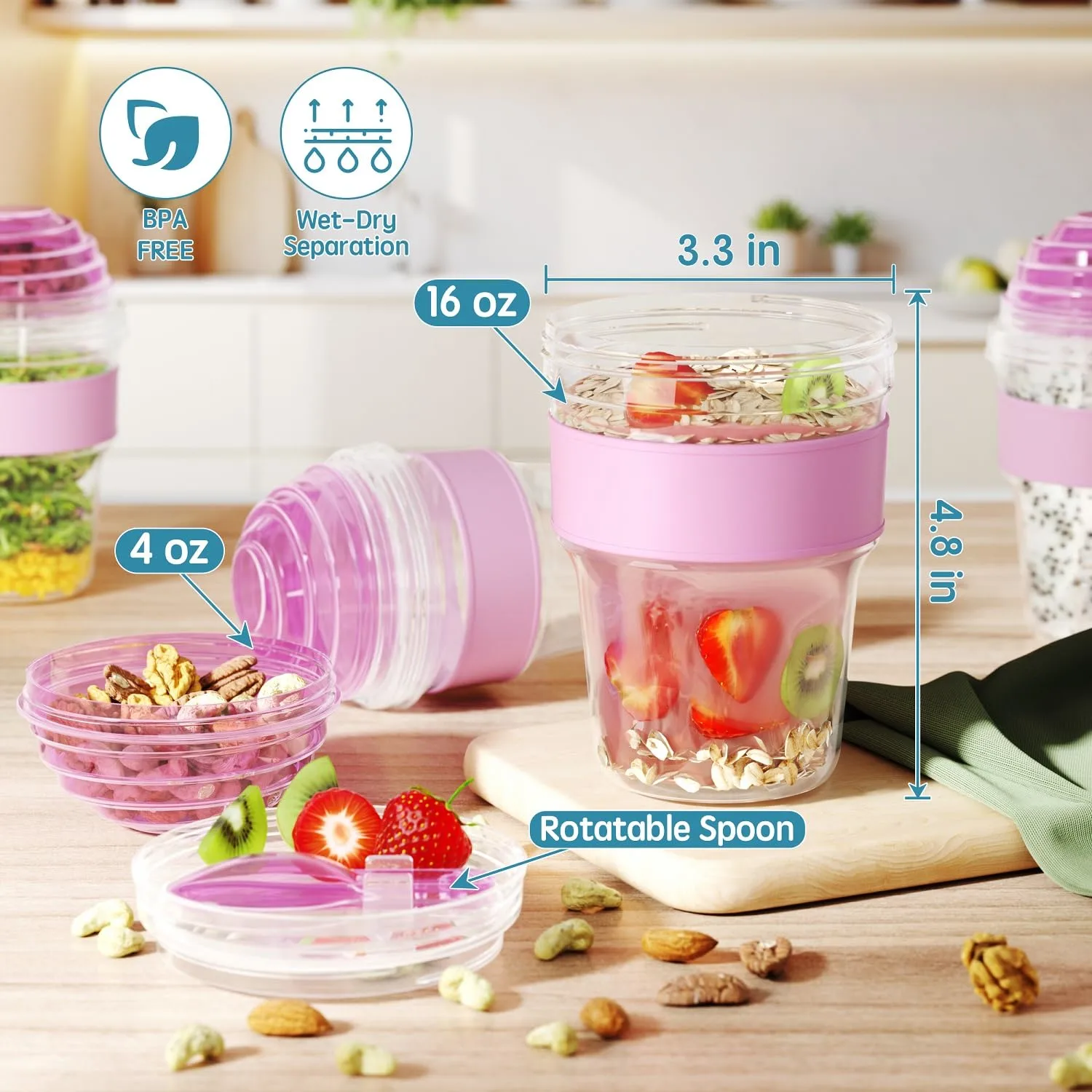 4 Pack Yogurt Parfait Cups with Lids Reusable, 20 oz Plastic Overnight Oats Containers To Go with Granola Compartment and Lids Spoon, Cereal Containers for Oatmeal, Snack, Breakfast Prep (Purple)