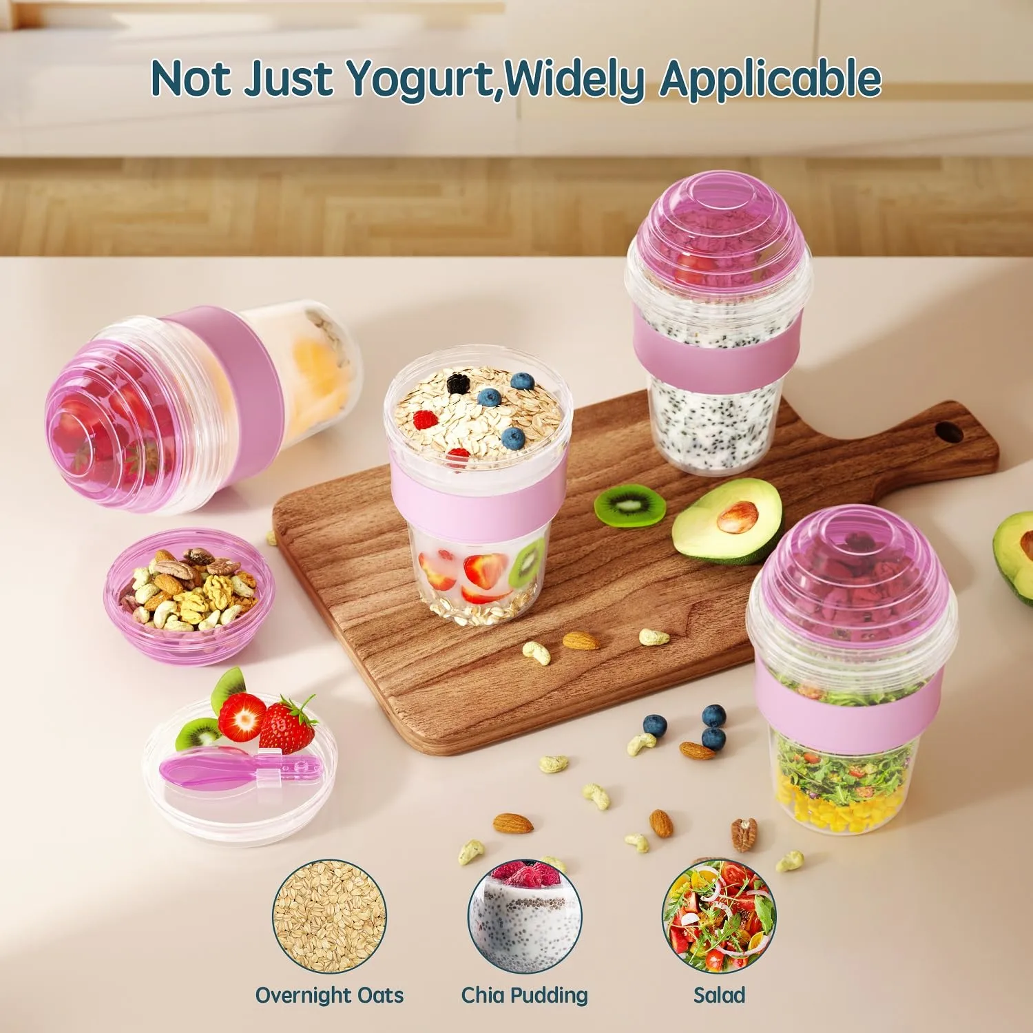 4 Pack Yogurt Parfait Cups with Lids Reusable, 20 oz Plastic Overnight Oats Containers To Go with Granola Compartment and Lids Spoon, Cereal Containers for Oatmeal, Snack, Breakfast Prep (Purple)