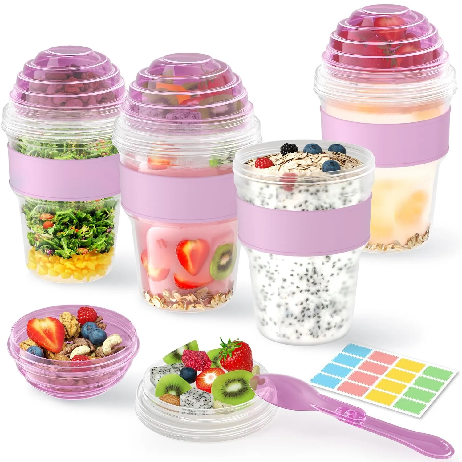 4 Pack Yogurt Parfait Cups with Lids Reusable, 20 oz Plastic Overnight Oats Containers To Go with Granola Compartment and Lids Spoon, Cereal Containers for Oatmeal, Snack, Breakfast Prep (Purple)