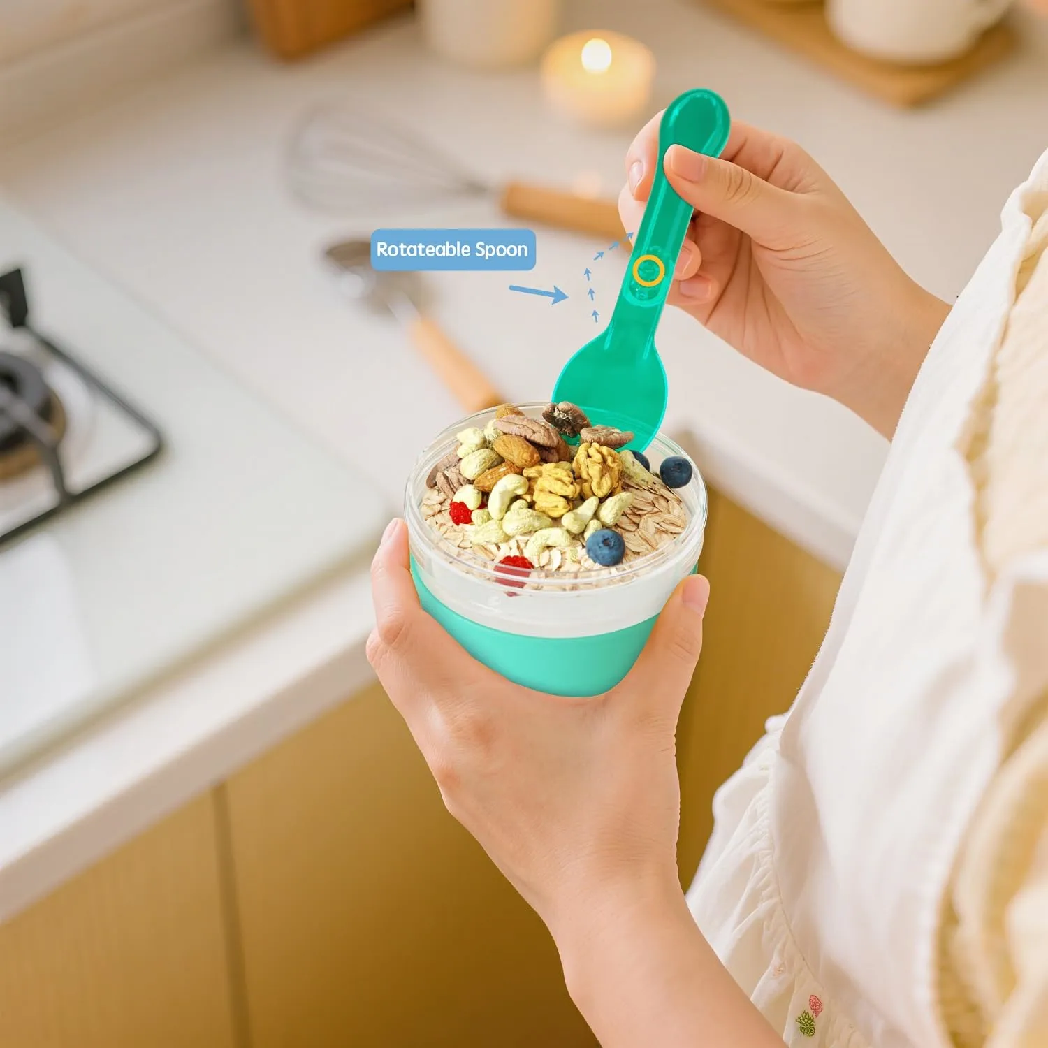 4 Pack Yogurt Parfait Cups with Lids Reusable, 20 oz Plastic Overnight Oats Containers To Go with Granola Compartment and Lids Spoon, Cereal Containers for Oatmeal, Snack, Breakfast Prep (Green)