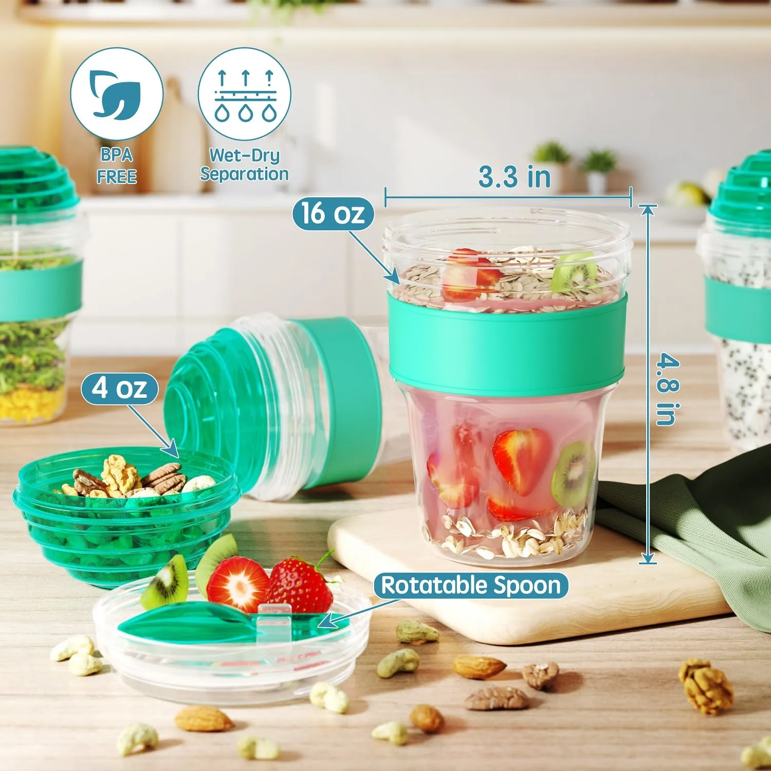4 Pack Yogurt Parfait Cups with Lids Reusable, 20 oz Plastic Overnight Oats Containers To Go with Granola Compartment and Lids Spoon, Cereal Containers for Oatmeal, Snack, Breakfast Prep (Green)