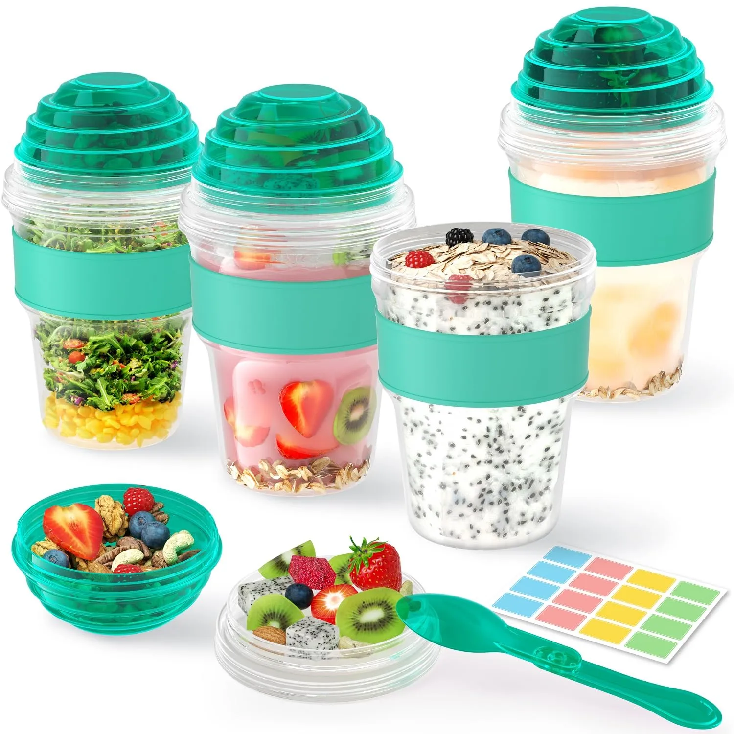 4 Pack Yogurt Parfait Cups with Lids Reusable, 20 oz Plastic Overnight Oats Containers To Go with Granola Compartment and Lids Spoon, Cereal Containers for Oatmeal, Snack, Breakfast Prep (Green)