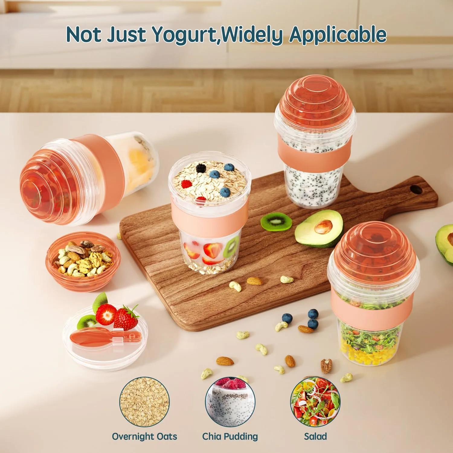 4 Pack Yogurt Parfait Cups with Lids Reusable, 20 oz Plastic Overnight Oats Containers To Go with Granola Compartment and Lids Spoon, Cereal Containers for Oatmeal, Snack, Breakfast Prep (Orange)