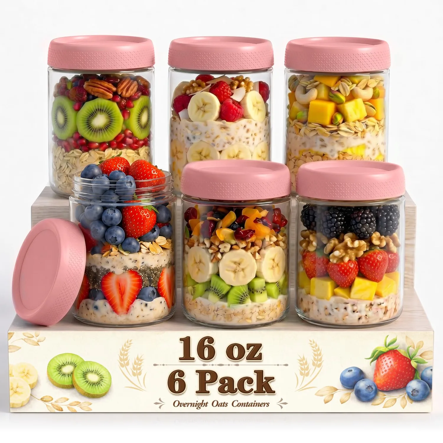Pink Overnight Oats Container with Lids, Wide Mouth Mason Jars with Lids, Air Tight Overnight Oats Jars for Sugar, Reusable Glass Jar for Yogurt, Pudding, Snack, Breakfast, (6-Pack, 16oz)