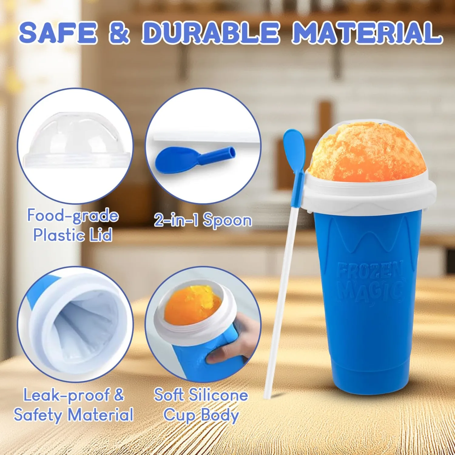 FANS-ONE Slushie Cup, 2 Pack Slushy Maker Cup, DIY Magic Frozen Squeeze Cups with Lid & Straw for Ice Cream Juice Milk, Cool Stuff Things for Teens Kids Family(Blue+Green)