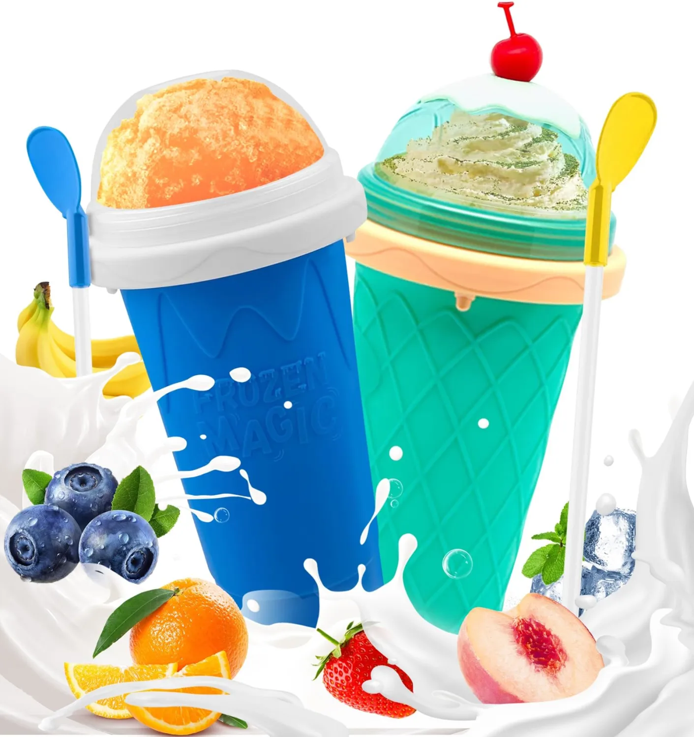 FANS-ONE Slushie Cup, 2 Pack Slushy Maker Cup, DIY Magic Frozen Squeeze Cups with Lid & Straw for Ice Cream Juice Milk, Cool Stuff Things for Teens Kids Family(Blue+Green)
