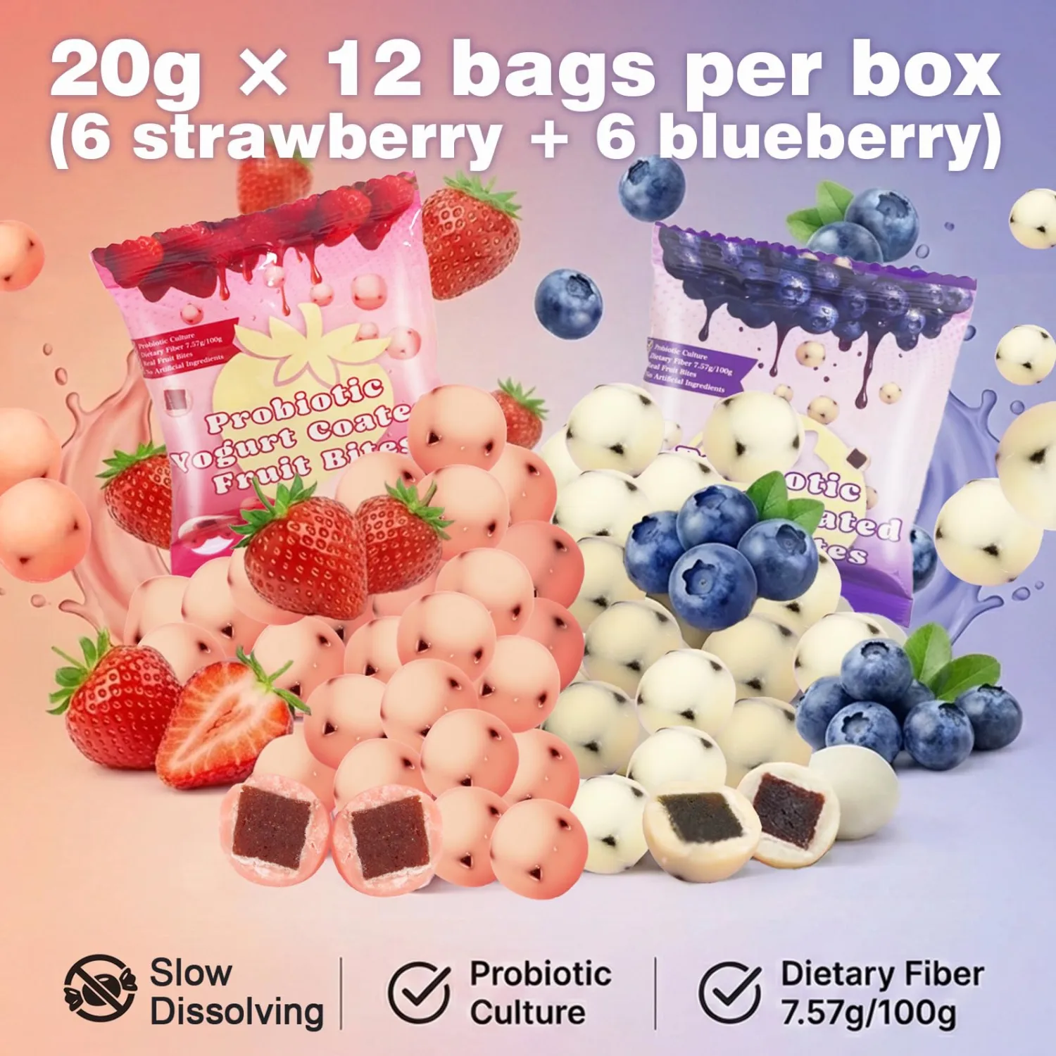 Chewy Yogurt Covered Fruit Snacks 12 Pouches Net 8.5oz, Probiotic Real Fruit Yoggies Bites With Dietary Fiber, Strawberry 6 & Blueberry 6 Fruit Yogurt Individually Wrapped Variety Pack 120 Cts