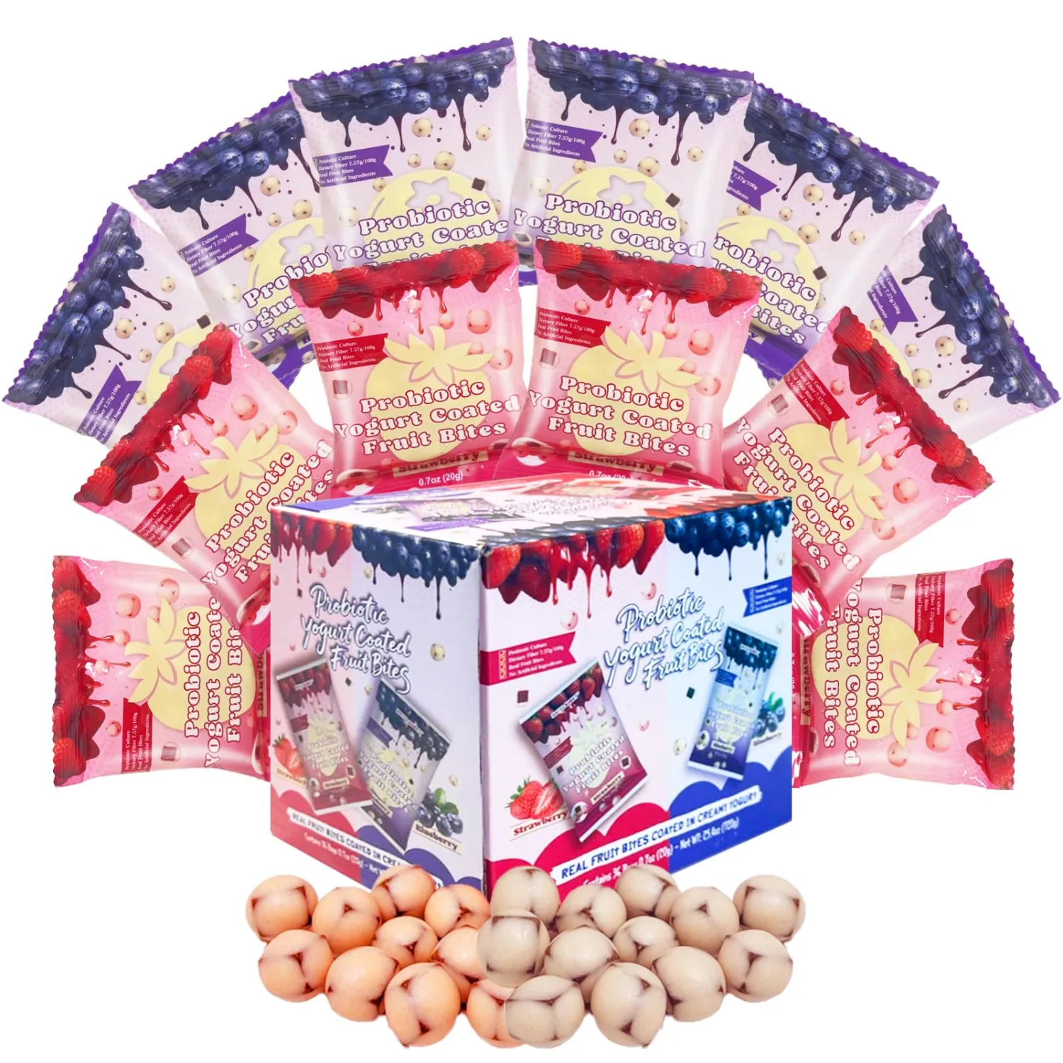 Chewy Yogurt Covered Fruit Snacks 12 Pouches Net 8.5oz, Probiotic Real Fruit Yoggies Bites With Dietary Fiber, Strawberry 6 & Blueberry 6 Fruit Yogurt Individually Wrapped Variety Pack 120 Cts
