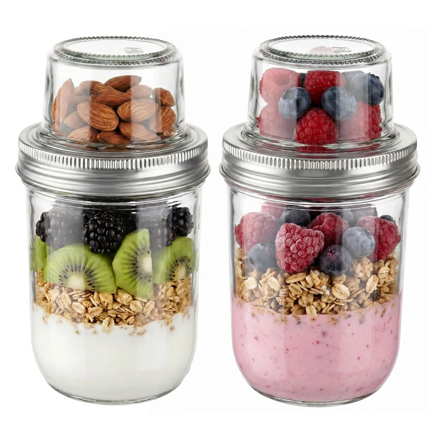 Glass Yogurt Cup with Fruit Compartment Layered Breakfast Jar(16OZ+4OZ, 2PCS) Glass Canning Jars for Overnight Oats Snack Meal Prep On The Go Office Travel (20oz)