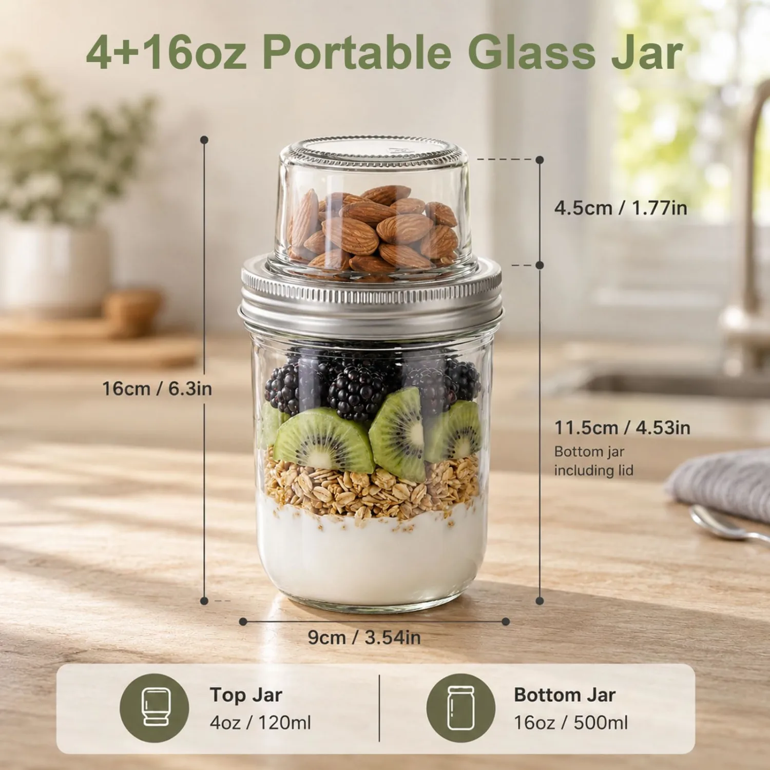 Glass Yogurt Cup with Fruit Compartment Layered Breakfast Jar(16OZ+4OZ, 2PCS) Glass Canning Jars for Overnight Oats Snack Meal Prep On The Go Office Travel (20oz)
