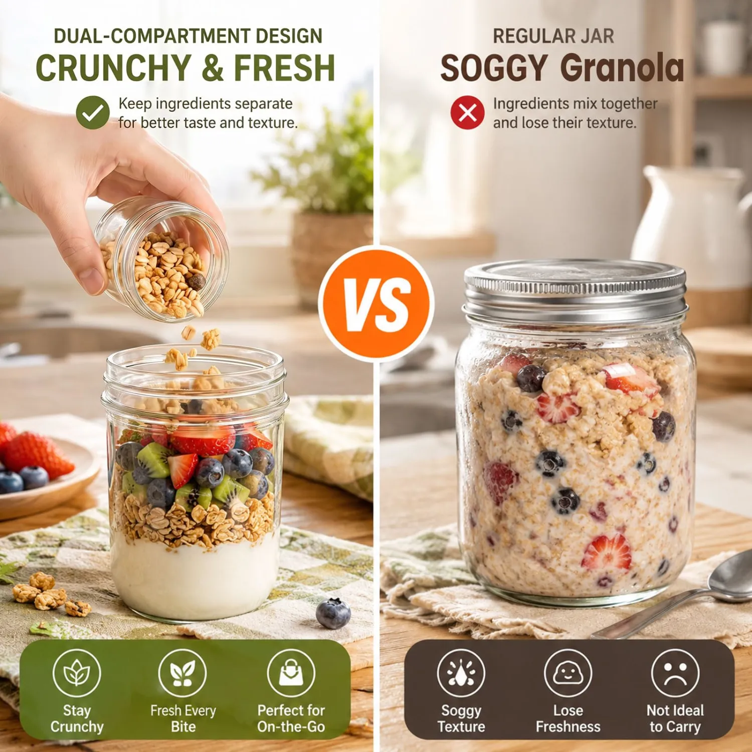 Glass Yogurt Cup with Fruit Compartment Layered Breakfast Jar(16OZ+4OZ, 2PCS) Glass Canning Jars for Overnight Oats Snack Meal Prep On The Go Office Travel (20oz)