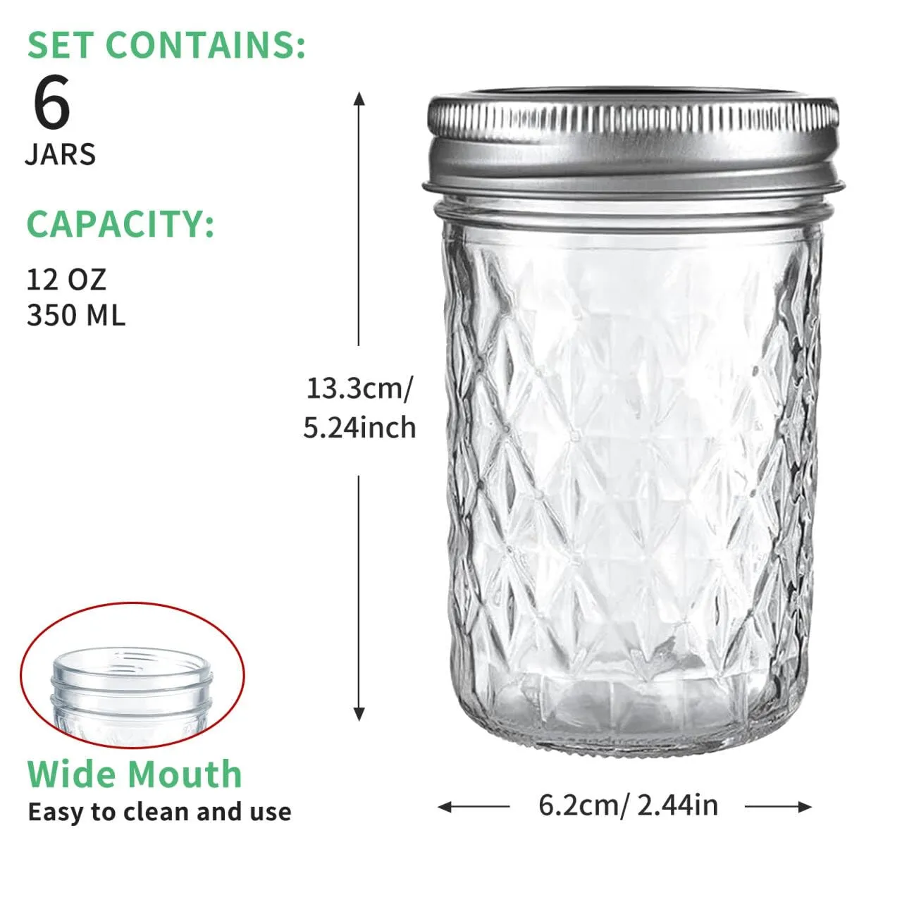 12oz/350ml Mason Jars with Airtight Lids Glass Canning Jars with Regular Lids Spice Jars Honey Jars for Yogurt,Jam,Spice,Overnight Oats Canning, Preserving,Decorations,Jelly,Dessert,6 Pack (12oz)