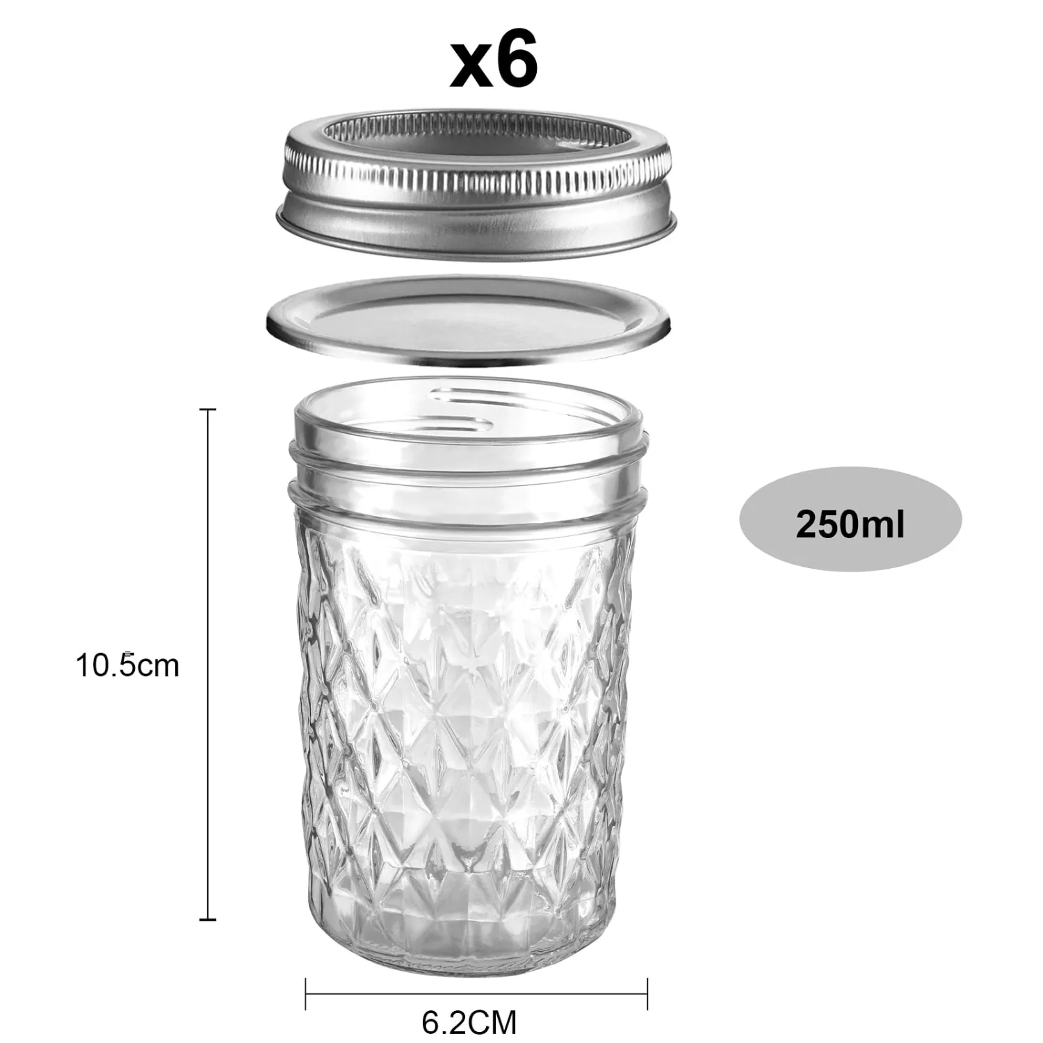 Mason Jars Airtight Lids Glass Canning Jars 8oz/250ml Regular Lids Spice Jars Honey Jars for Yogurt,Jam,Spice,Overnight Oats Canning, Preserving,Decorations,Jelly,Dessert,6 Pack (8 oz)