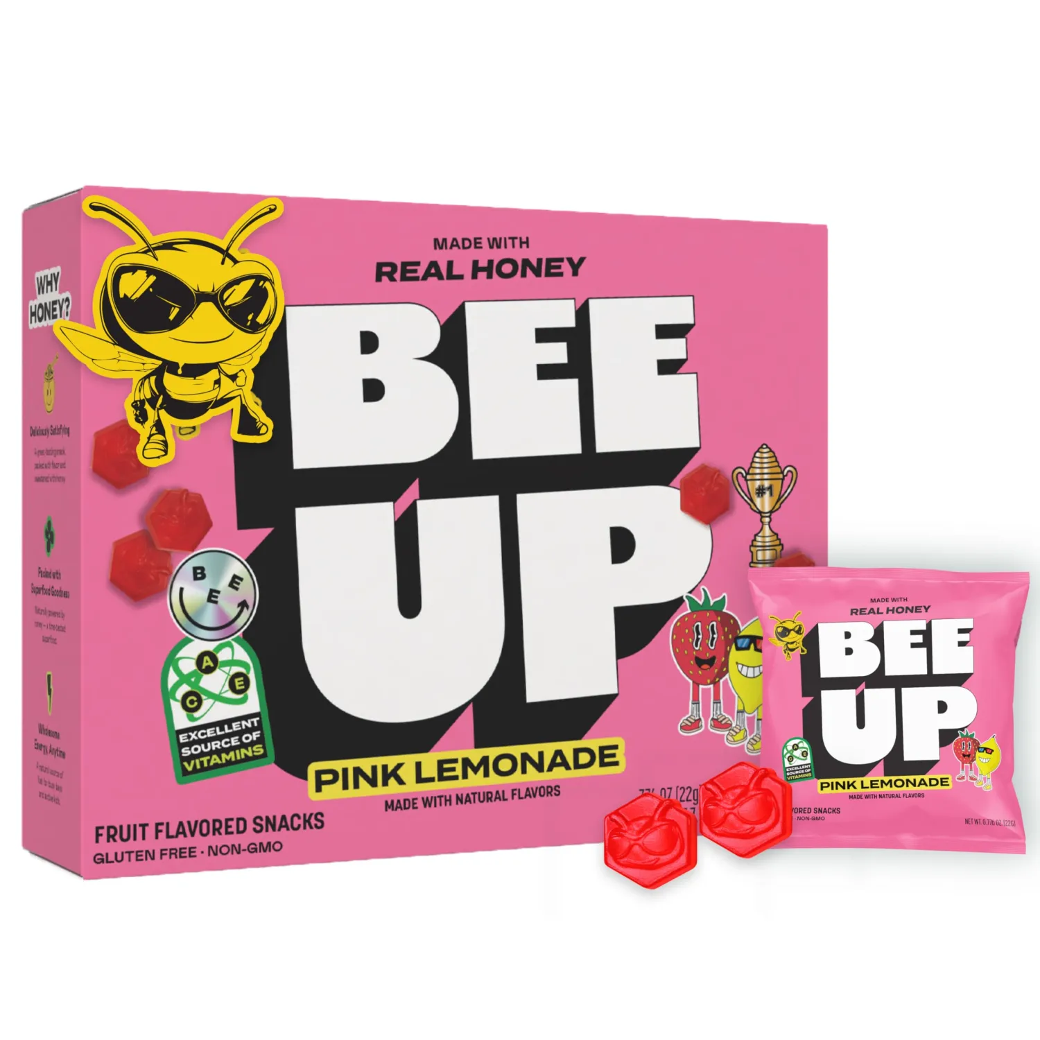 BEEUP Honey Fruit Snacks – With a Teaspoon of Honey in Every Pouch – Dye Free, No Corn Syrup – Individually Wrapped Fruit Snack Packs for School, Sports, Soccer – Pink Lemonade (Pack of 10)