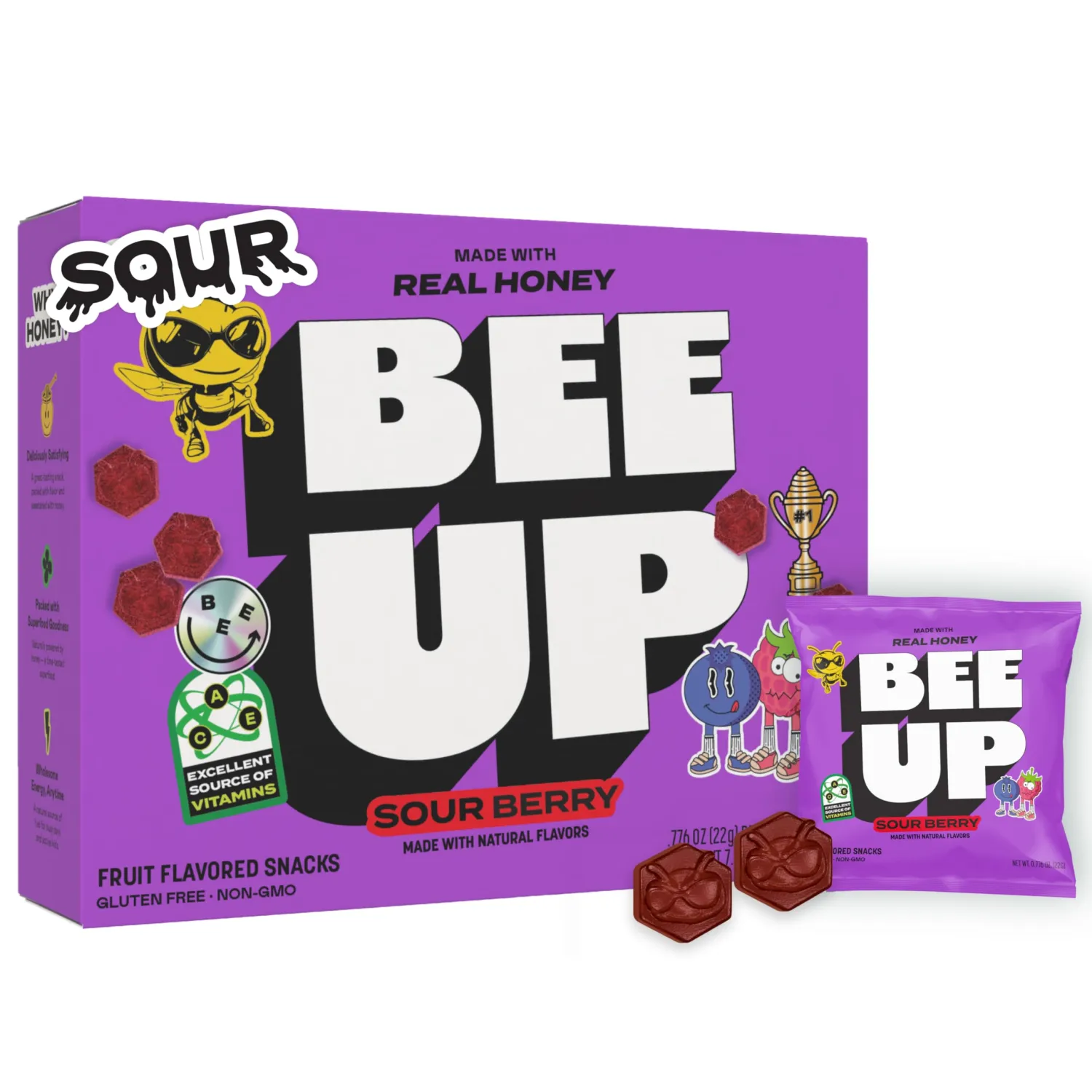 BEEUP Honey Fruit Snacks – With a Teaspoon of Honey in Every Pouch – Dye Free, No Corn Syrup – Individually Wrapped Fruit Snack Packs for School, Sports, Soccer – Sour Berry (Pack of 10)