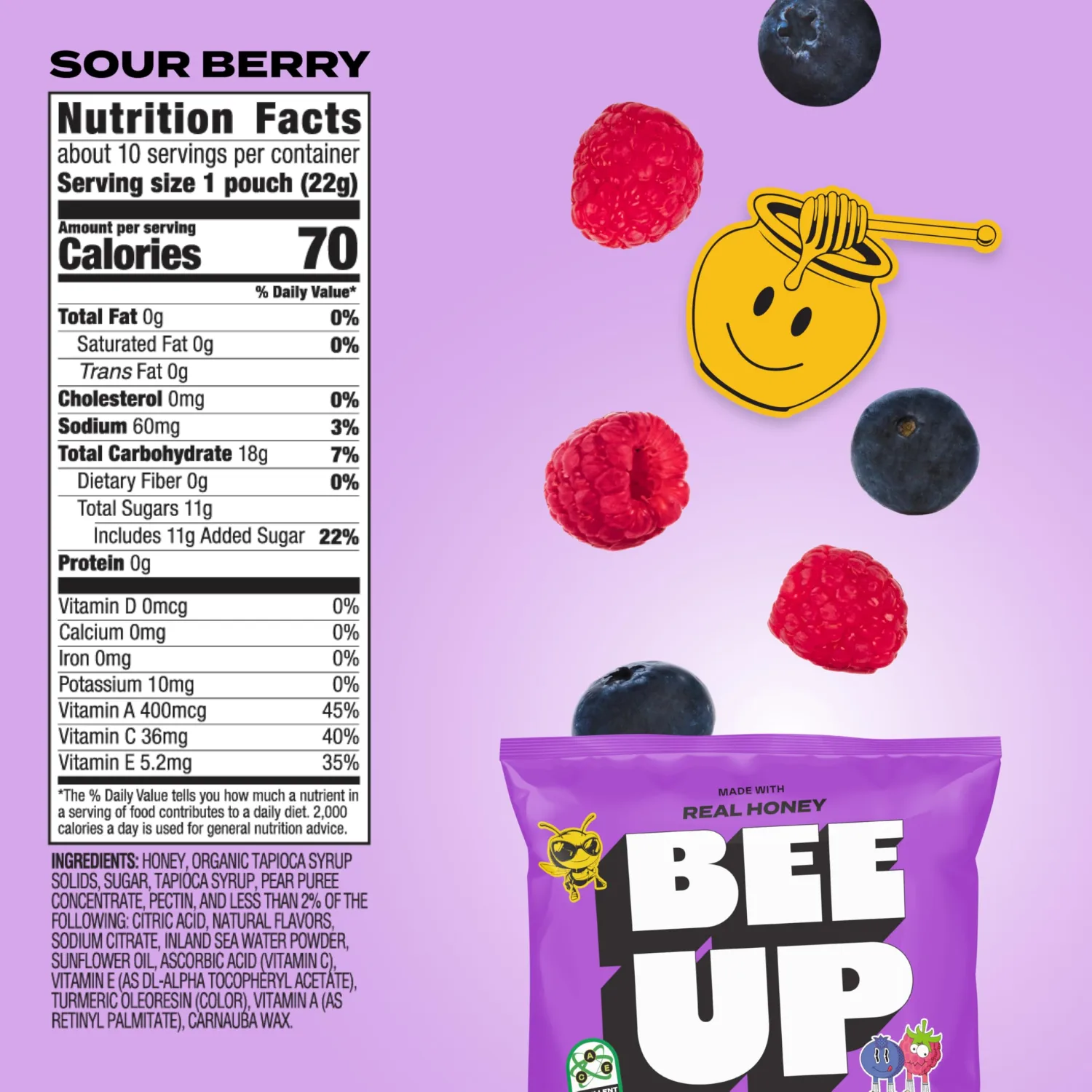 BEEUP Honey Fruit Snacks – With a Teaspoon of Honey in Every Pouch – Dye Free, No Corn Syrup – Individually Wrapped Fruit Snack Packs for School, Sports, Soccer – Sour Berry (Pack of 10)