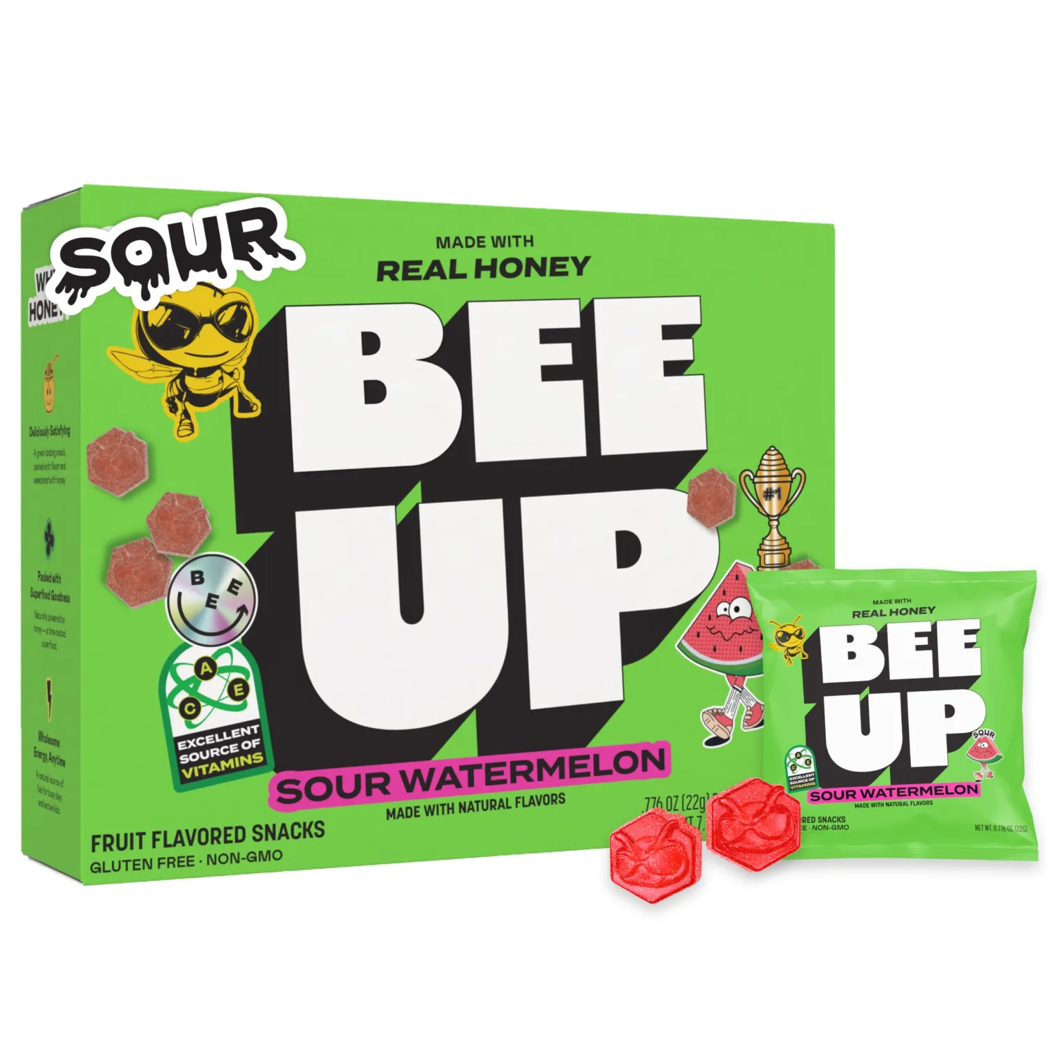 BEEUP Honey Fruit Snacks – With a Teaspoon of Honey in Every Pouch – Dye Free, No Corn Syrup – Individually Wrapped Fruit Snack Packs for School, Sports, Soccer – Sour Watermelon (Pack of 10)