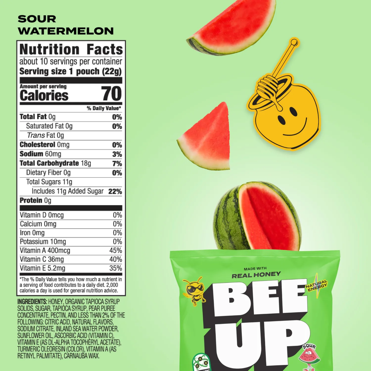 BEEUP Honey Fruit Snacks – With a Teaspoon of Honey in Every Pouch – Dye Free, No Corn Syrup – Individually Wrapped Fruit Snack Packs for School, Sports, Soccer – Sour Watermelon (Pack of 10)