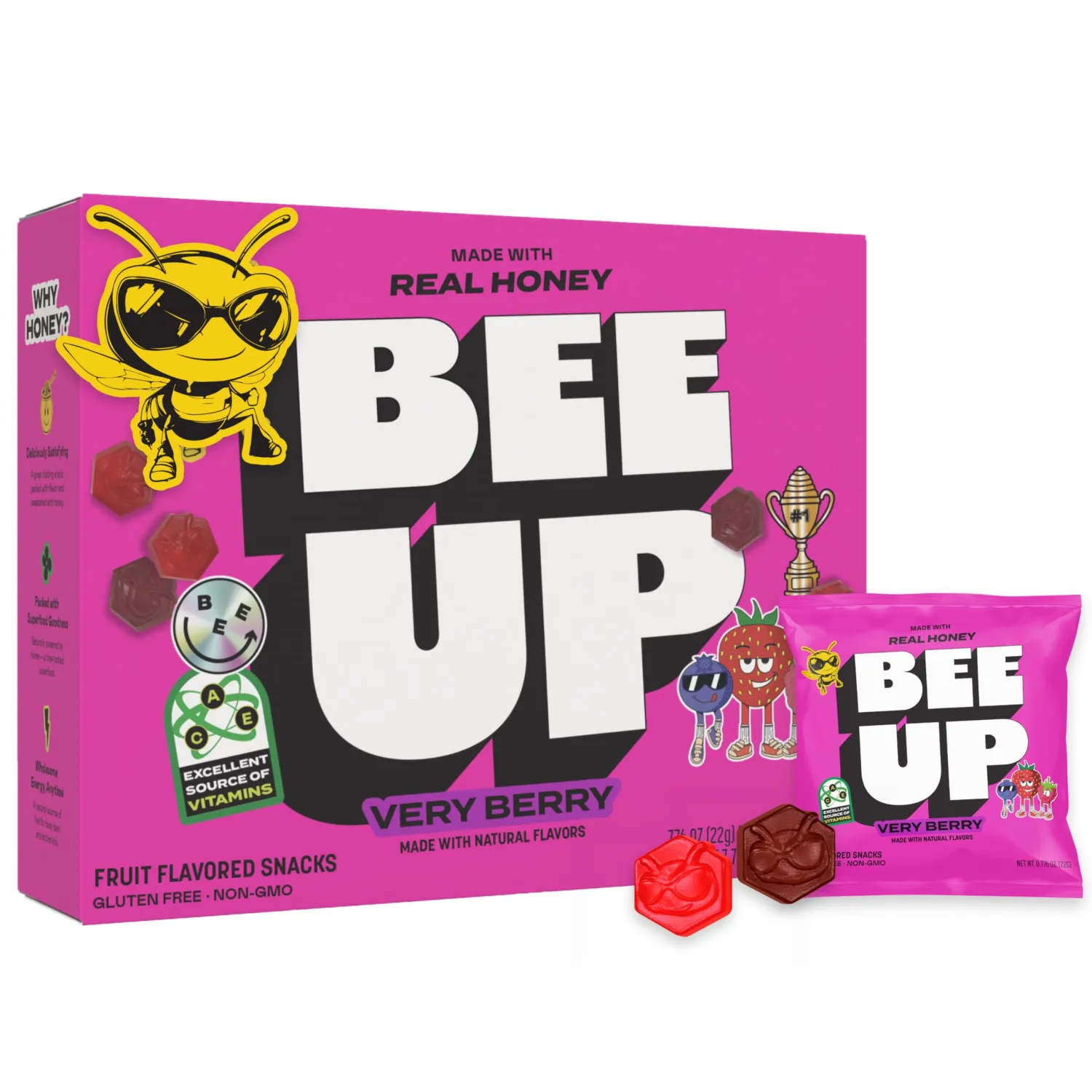 BEEUP Honey Fruit Snacks – With a Teaspoon of Honey in Every Pouch – Dye Free, No Corn Syrup – Individually Wrapped Fruit Snack Packs for School, Sports, Soccer – Very Berry (Pack of 10)