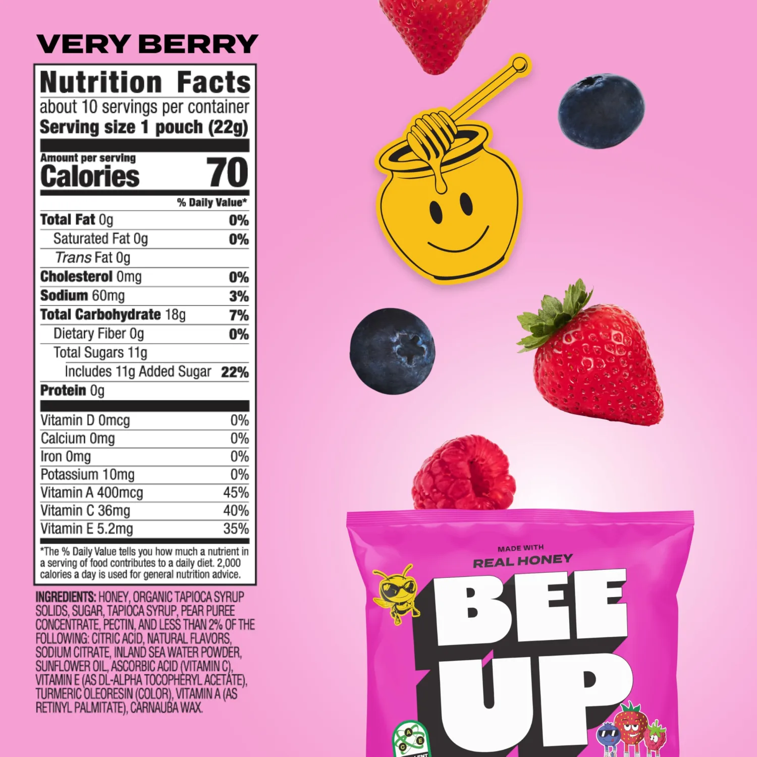 BEEUP Honey Fruit Snacks – With a Teaspoon of Honey in Every Pouch – Dye Free, No Corn Syrup – Individually Wrapped Fruit Snack Packs for School, Sports, Soccer – Very Berry (Pack of 10)