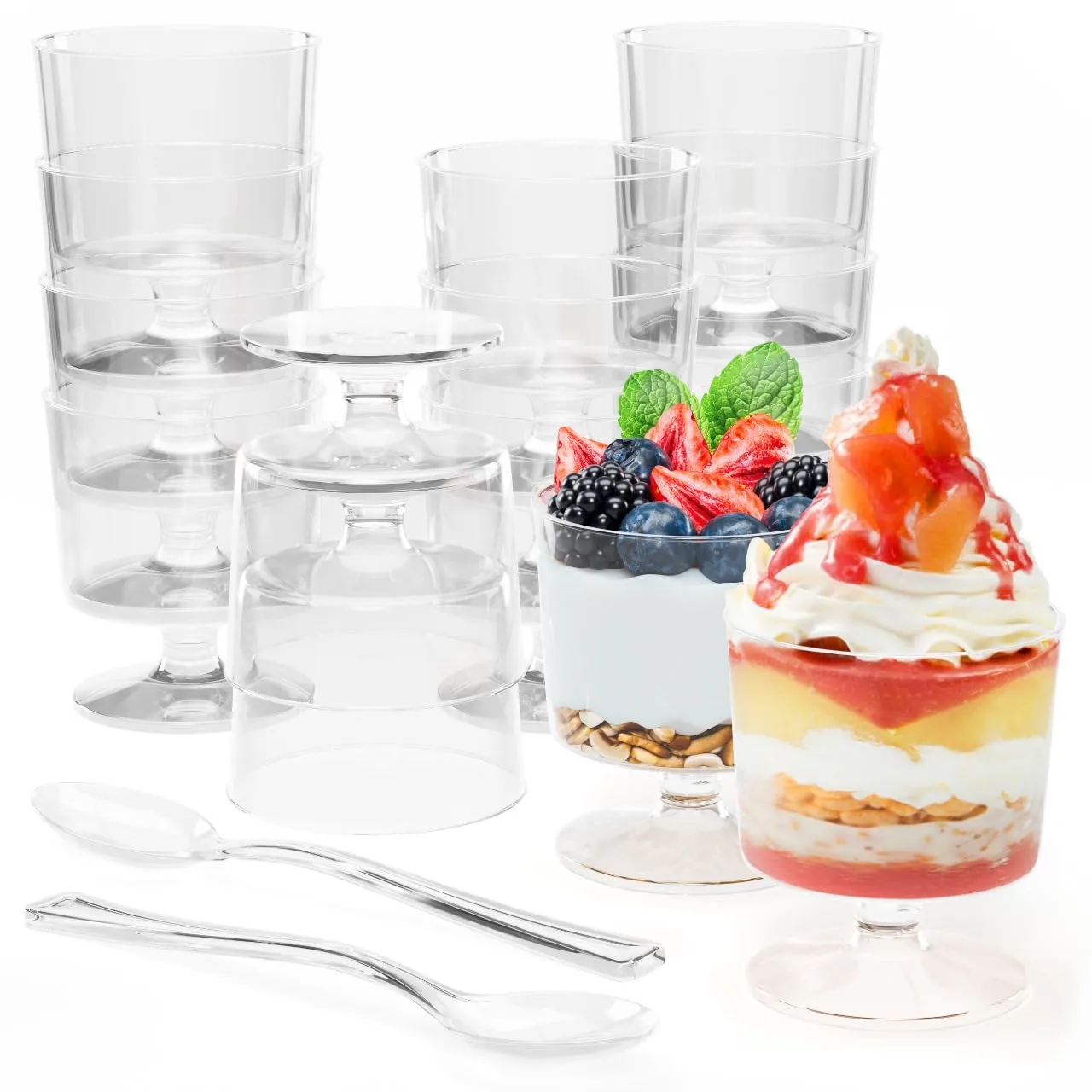 Exquisite Mini Dessert Cups With Spoons 400 Pcs - 2 Oz Round Clear Plastic Pudding Cups Disposable With Tasting Spoons 200 Sets | Mini Parfait Cup | Appetizer Cup For Party & Events