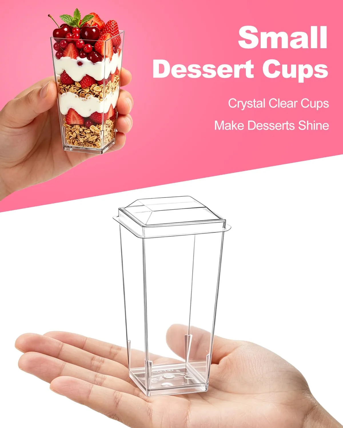 SHOPDAY 3 oz Mini Dessert Cups with Lids and Spoons 25 Pack, Small Plastic Dessert Cups for Party, Clear Square Cups for Parfait Yogurt, Shooter Cup Tumbler Cup for Appetizers Jello Mousse