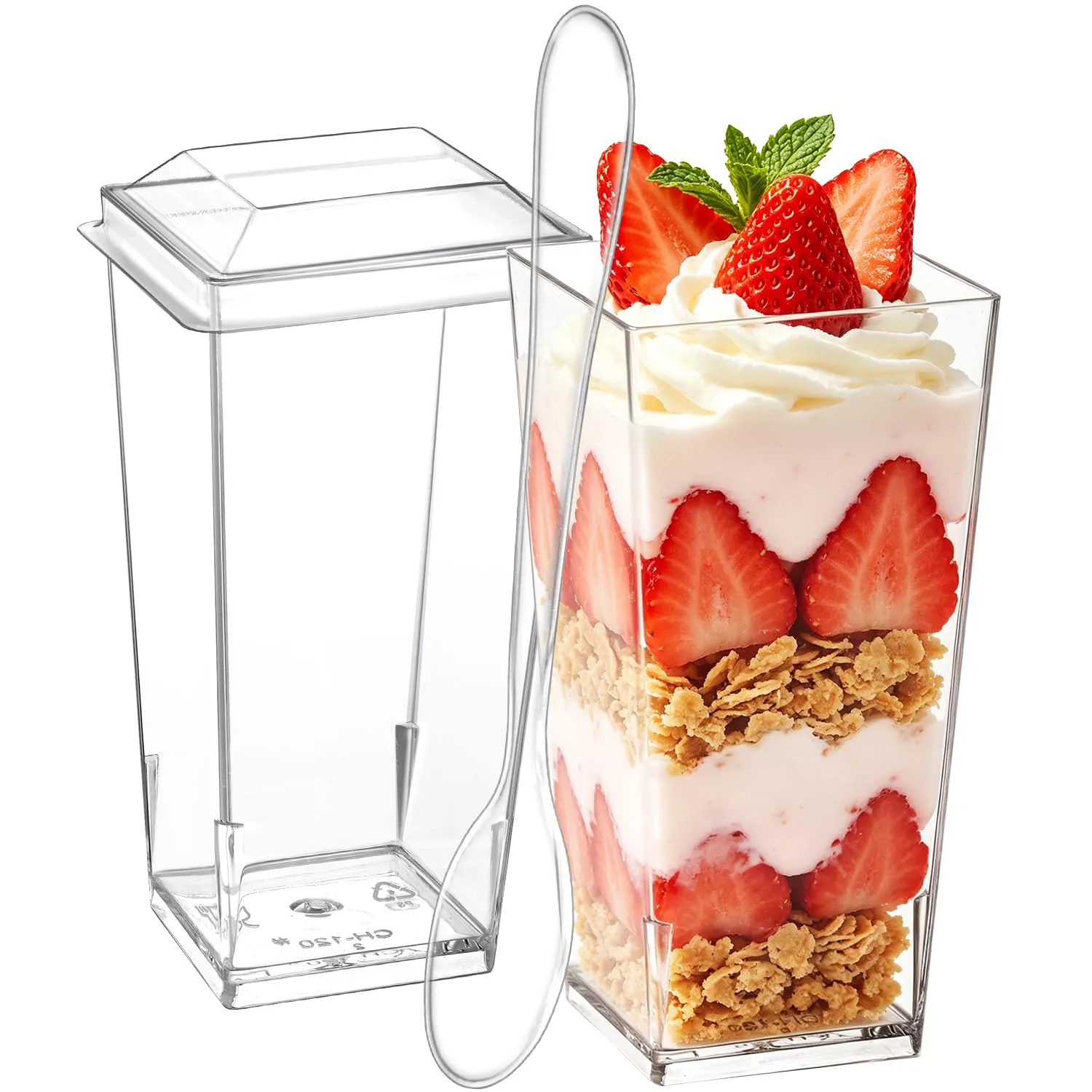 SHOPDAY 3 oz Mini Dessert Cups with Lids and Spoons 25 Pack, Small Plastic Dessert Cups for Party, Clear Square Cups for Parfait Yogurt, Shooter Cup Tumbler Cup for Appetizers Jello Mousse