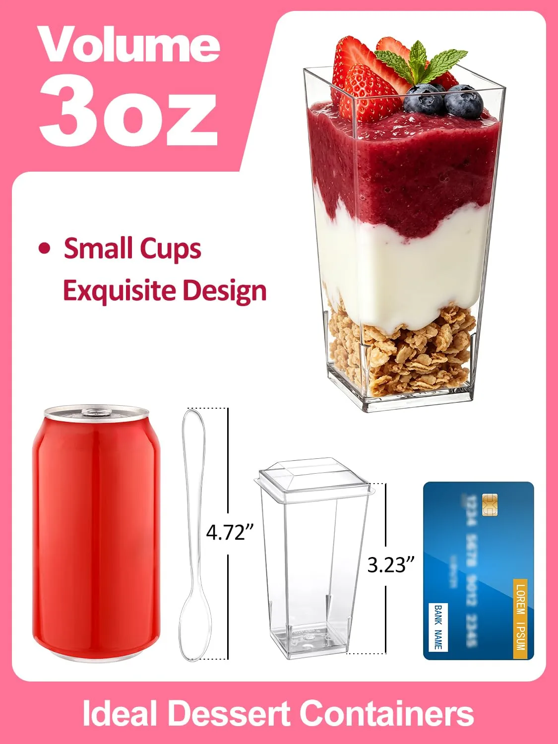 SHOPDAY 3 oz Mini Dessert Cups with Lids and Spoons 25 Pack, Small Plastic Dessert Cups for Party, Clear Square Cups for Parfait Yogurt, Shooter Cup Tumbler Cup for Appetizers Jello Mousse