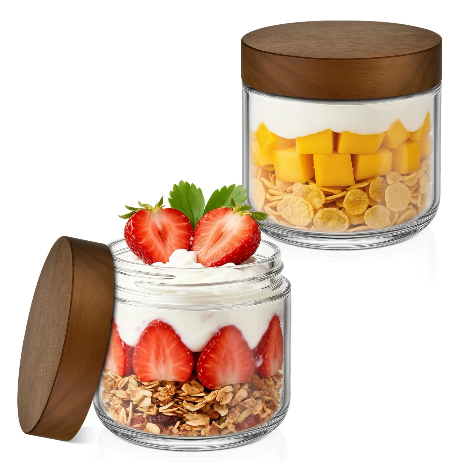 Bumobum 8 oz Glass Mason Jars with Lids, Small Glass Container with Acacia Wood Airtight Lid, Wide Mouth Canisters for Chia Pudding Loose Tea Coffee Salad Snacks Yogurt Spice, 2-Pack